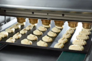 Solid food products on a biscuit production line