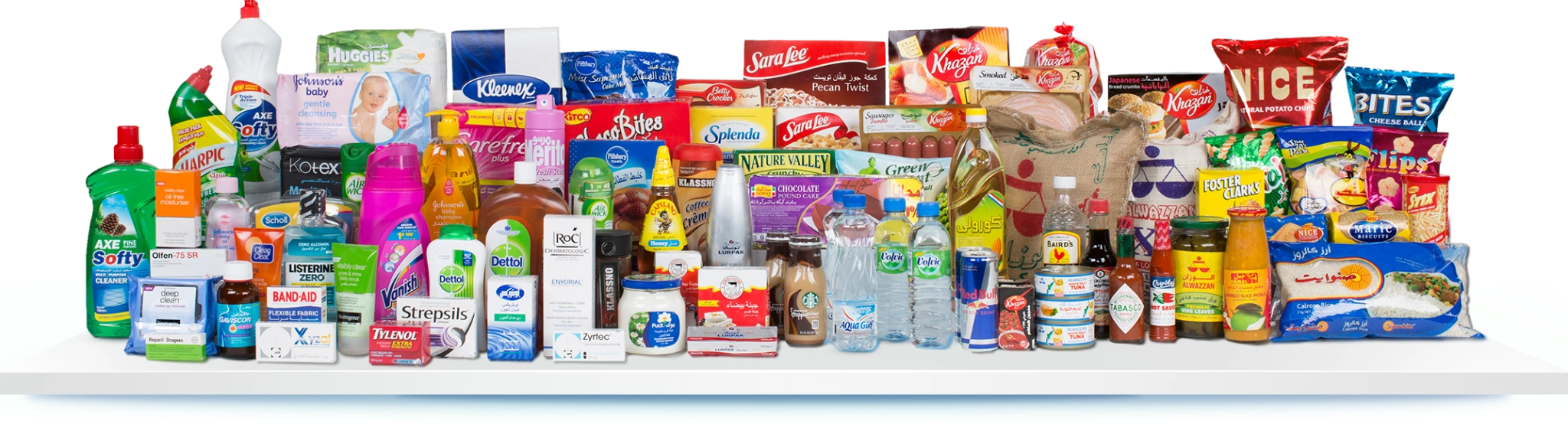 Retail products in bottles, pouches, bags, boxes, tubes and cans