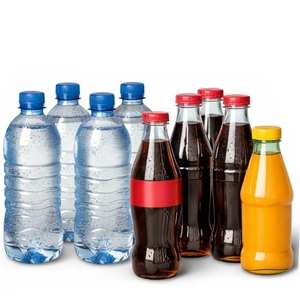 Bottles filled, capped and labelled on a bottle filling line