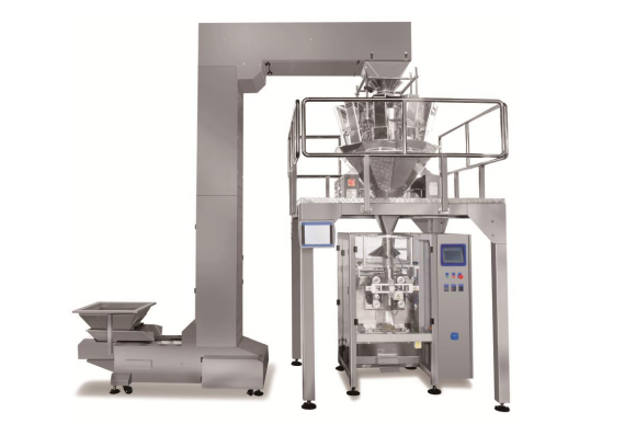 VFFS packaging machine with a 10-head multihead weigher for rice bags