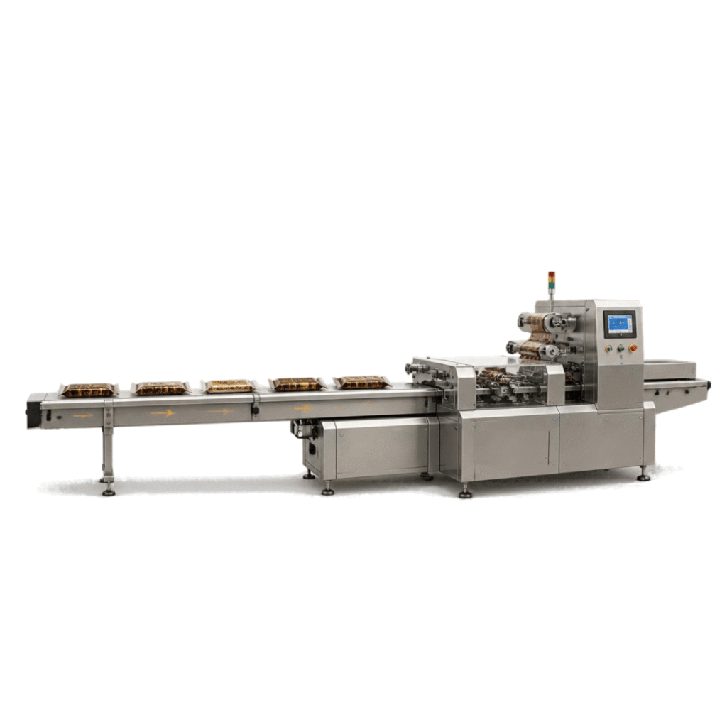 Flow wrap machine wrapping chocolate bars fed one by one along its infeed conveyor