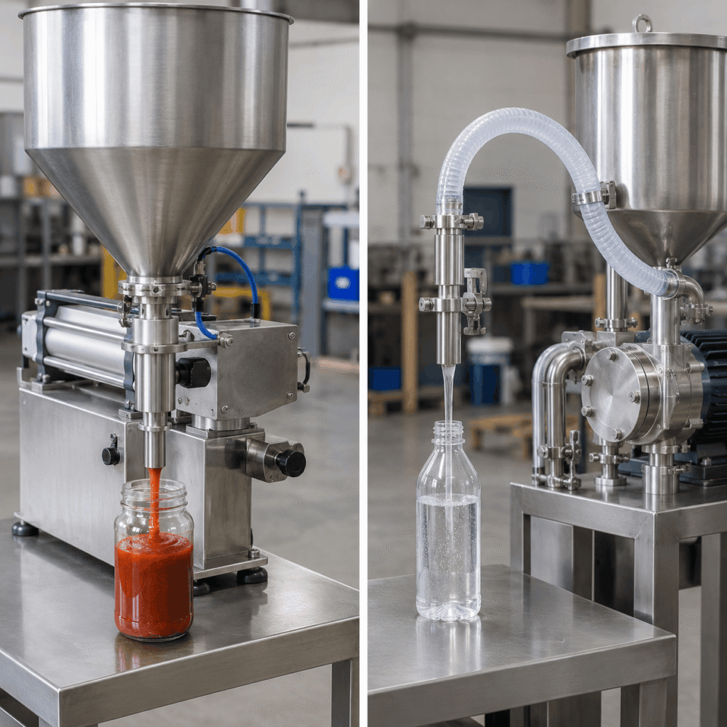 Piston filler filling sauce into a jar beside a pump filler filling a water bottle