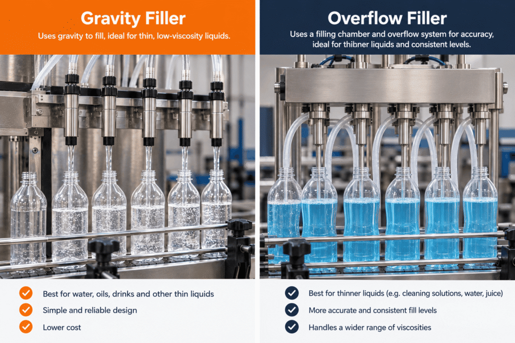 Gravity filler and overflow filler filling bottles side by side