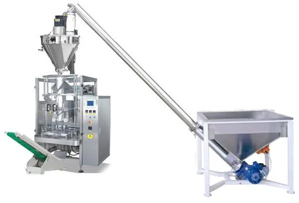 Auger VFFS machine fed by a screw conveyor for spice powder