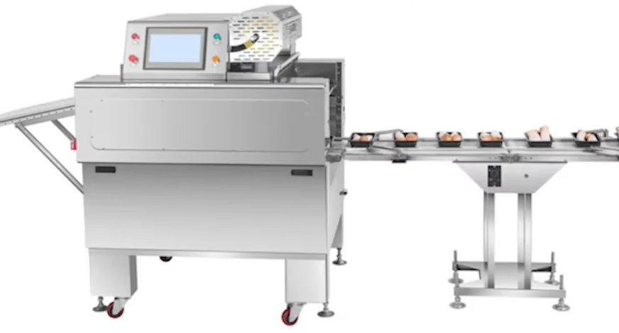 Automatic stretch cling film tray wrapping machine with infeed conveyor