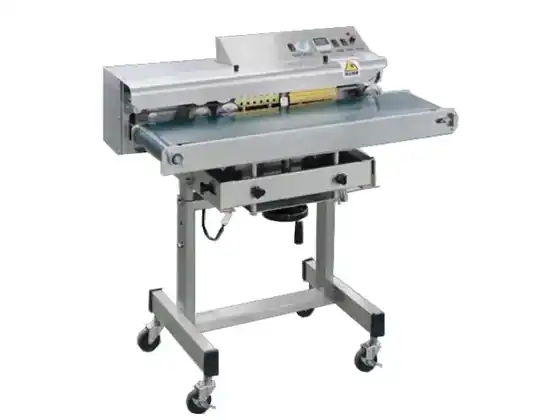 Horizontal band sealer on a floor stand with conveyor and digital temperature control