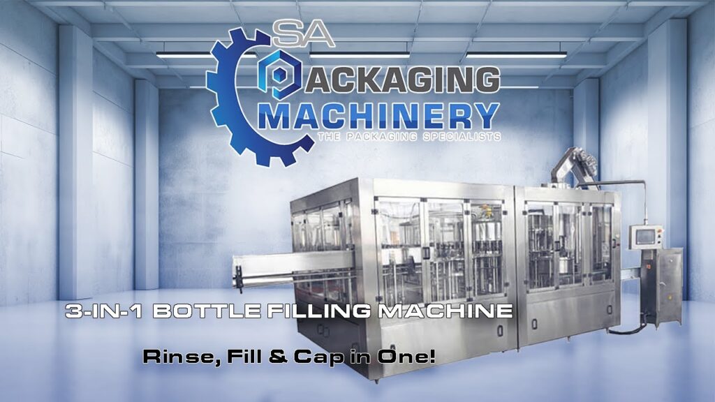 3-in-1 bottle rinsing, filling and capping machine video still