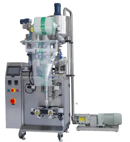 Liquid VFFS machine with infeed and dosing pumps for gel pillow packs