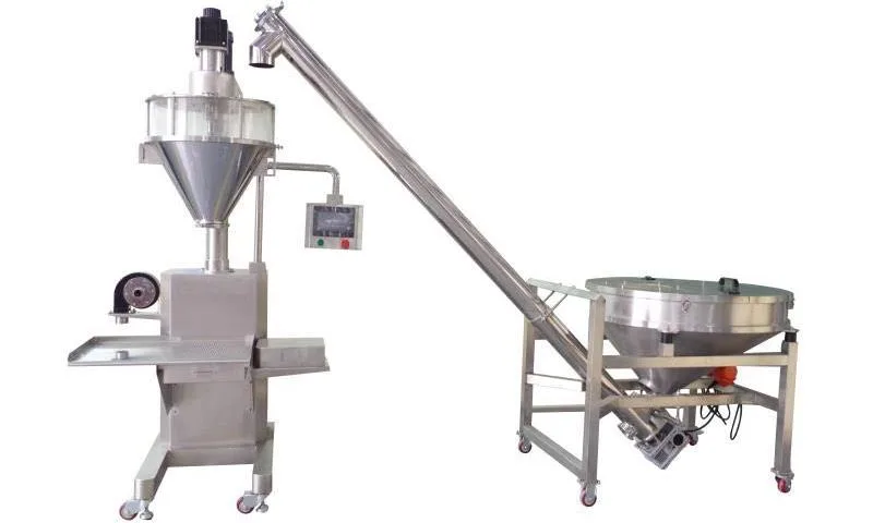 Semi-automatic auger filler with a screw conveyor feeder for spice pouches