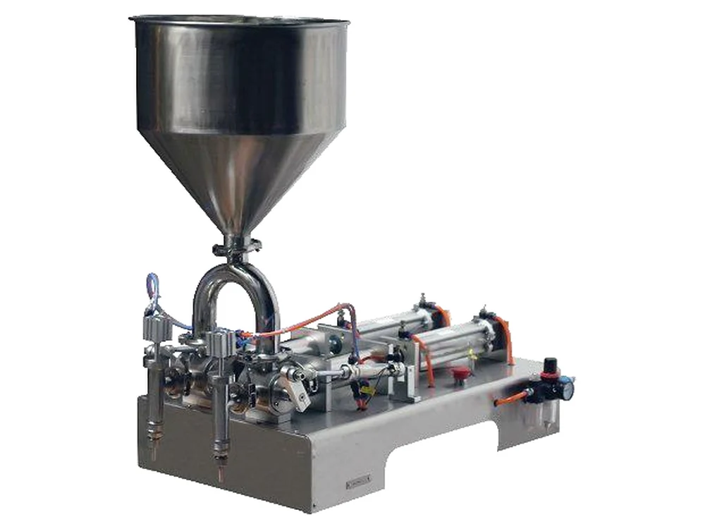 Semi-automatic two-head piston filler with stainless steel hopper